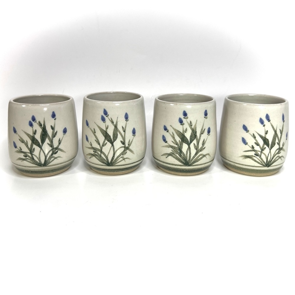 Set of 4 Whynot NC handmade pottery mugs cups 10oz with flowers